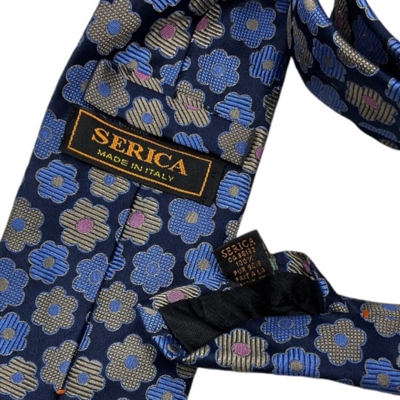 SERICA Navy Floral Silk DESIGNER Tie HANDMADE ITALY - Picture 3 of 4